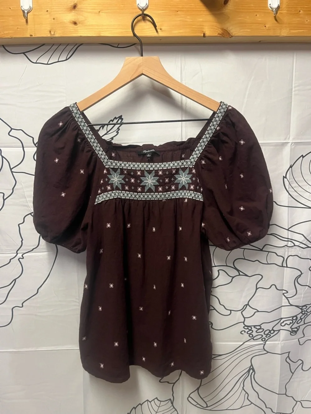 Madewell 100% Crinkle Cotton Embroidered Square Neck Puff Sleeve Top (291)